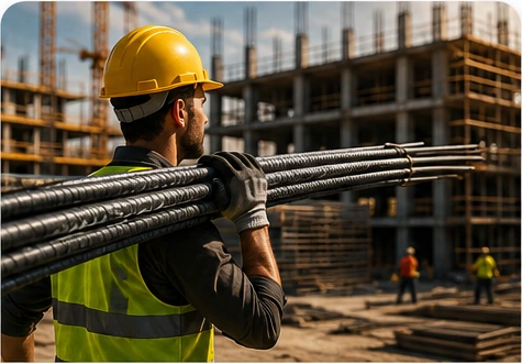 Builder carrying TMT bars at a modern construction project